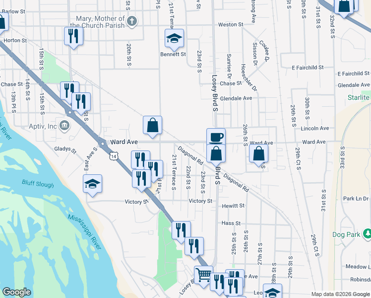 map of restaurants, bars, coffee shops, grocery stores, and more near 2149 Ward Avenue in La Crosse