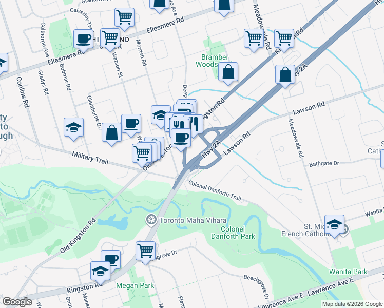 map of restaurants, bars, coffee shops, grocery stores, and more near 6063 Kingston Road in Toronto