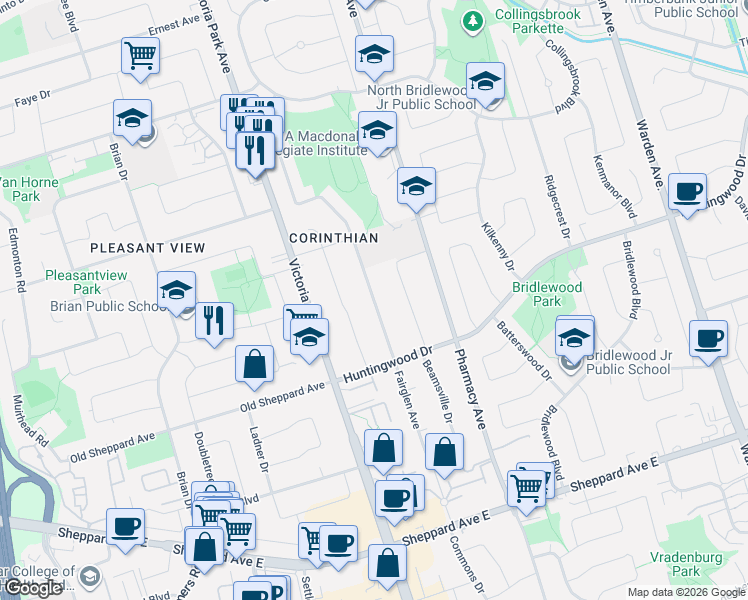 map of restaurants, bars, coffee shops, grocery stores, and more near 53 Fairglen Avenue in Toronto