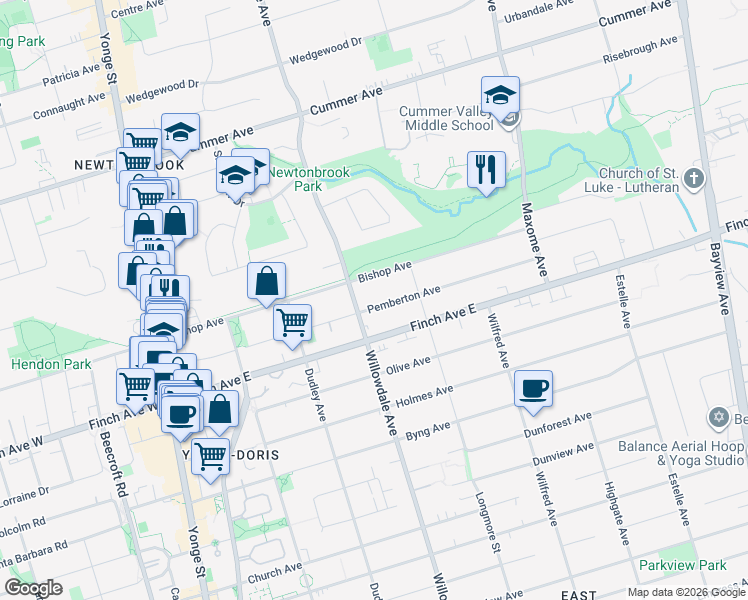 map of restaurants, bars, coffee shops, grocery stores, and more near 130 Pemberton Avenue in Toronto
