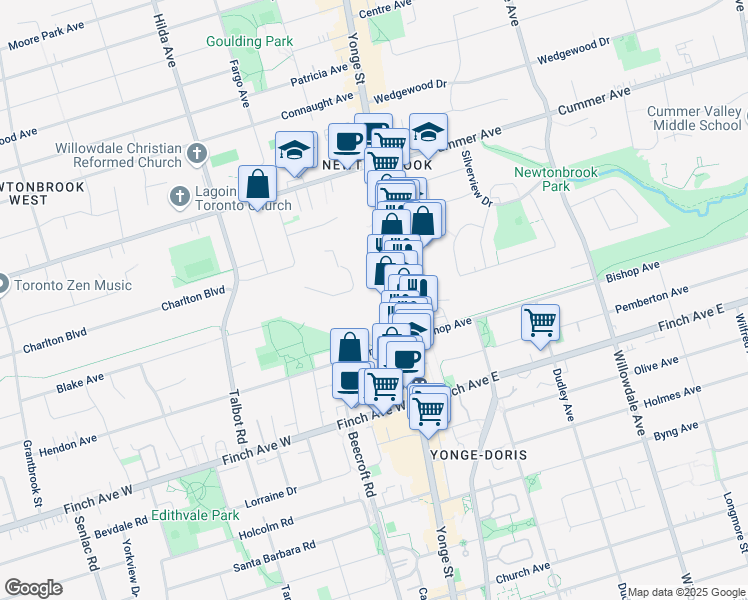 map of restaurants, bars, coffee shops, grocery stores, and more near 5740 Yonge Street in Toronto