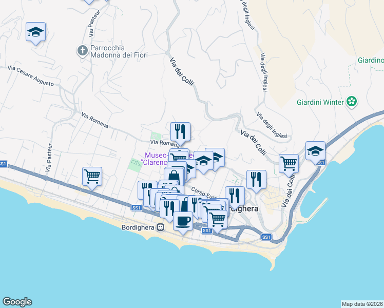 map of restaurants, bars, coffee shops, grocery stores, and more near 19 Via Vallone in Bordighera