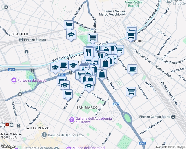 map of restaurants, bars, coffee shops, grocery stores, and more near 112 Via Camillo Benso Cavour in Firenze