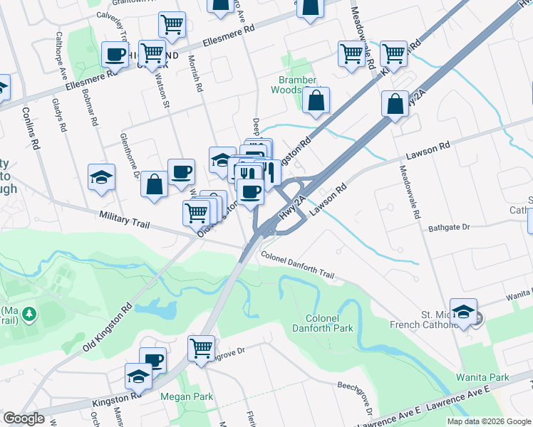 map of restaurants, bars, coffee shops, grocery stores, and more near 6063 Kingston Road in Toronto