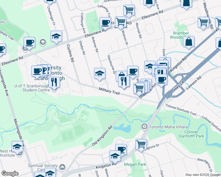 map of restaurants, bars, coffee shops, grocery stores, and more near 13 Bobmar Road in Toronto