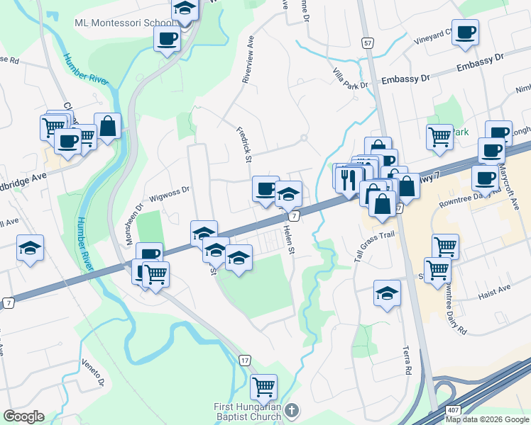 map of restaurants, bars, coffee shops, grocery stores, and more near 4800 Highway 7 in Vaughan
