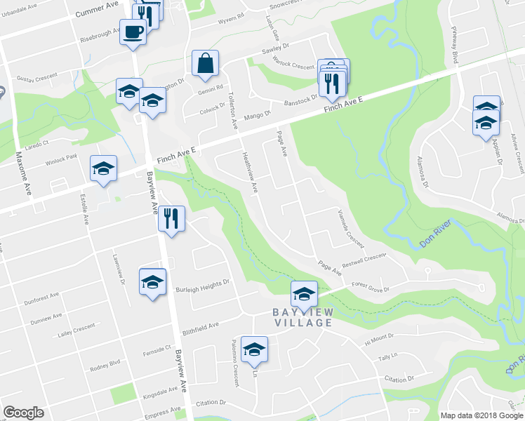 map of restaurants, bars, coffee shops, grocery stores, and more near 39 Heathview Avenue in Toronto