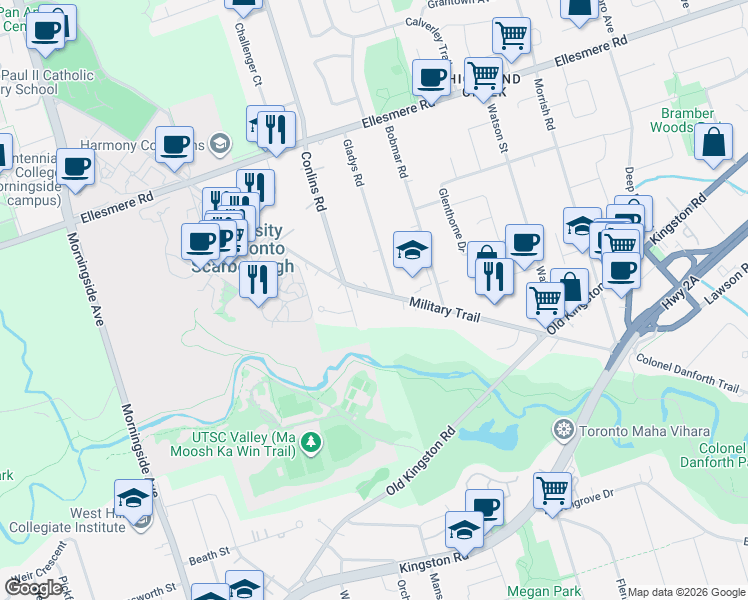 map of restaurants, bars, coffee shops, grocery stores, and more near 1385 Military Trail in Toronto