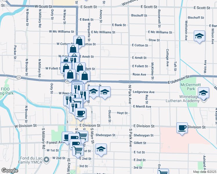 map of restaurants, bars, coffee shops, grocery stores, and more near 142 East Johnson Street in Fond du Lac
