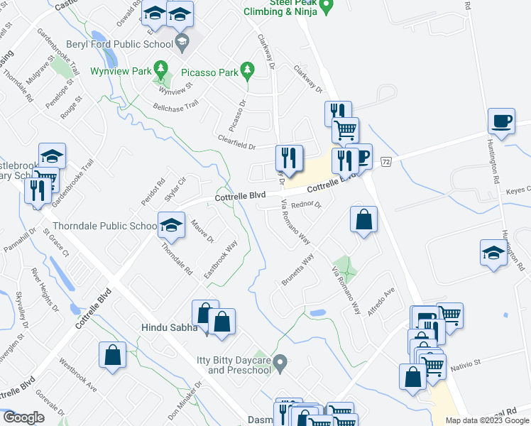 map of restaurants, bars, coffee shops, grocery stores, and more near 52 Goreridge Crescent in Brampton