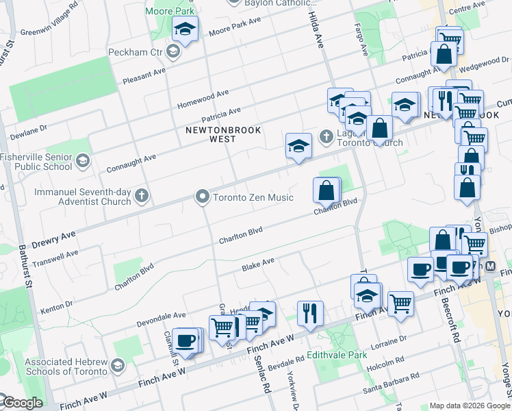map of restaurants, bars, coffee shops, grocery stores, and more near 17 Theresa Avenue in Toronto