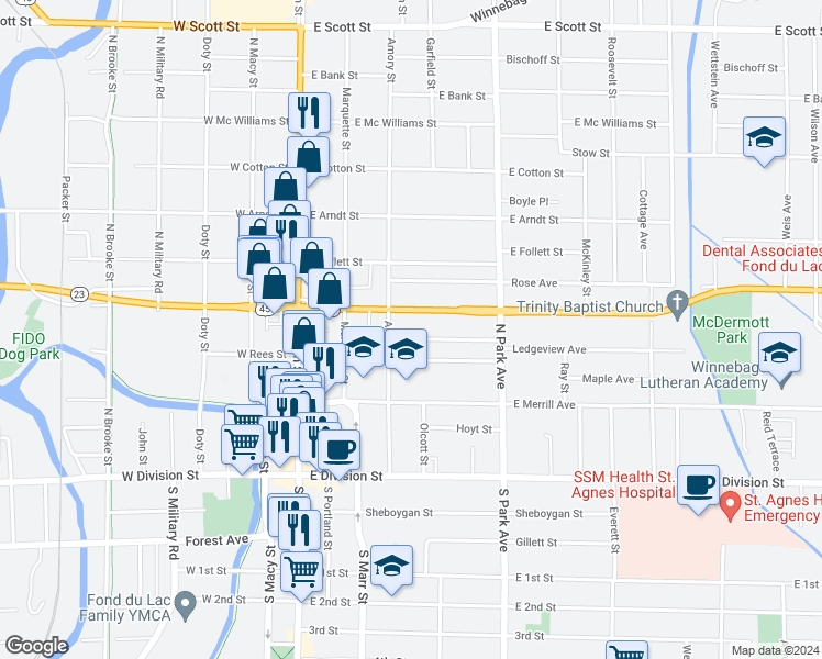 map of restaurants, bars, coffee shops, grocery stores, and more near 104 East Johnson Street in Fond du Lac