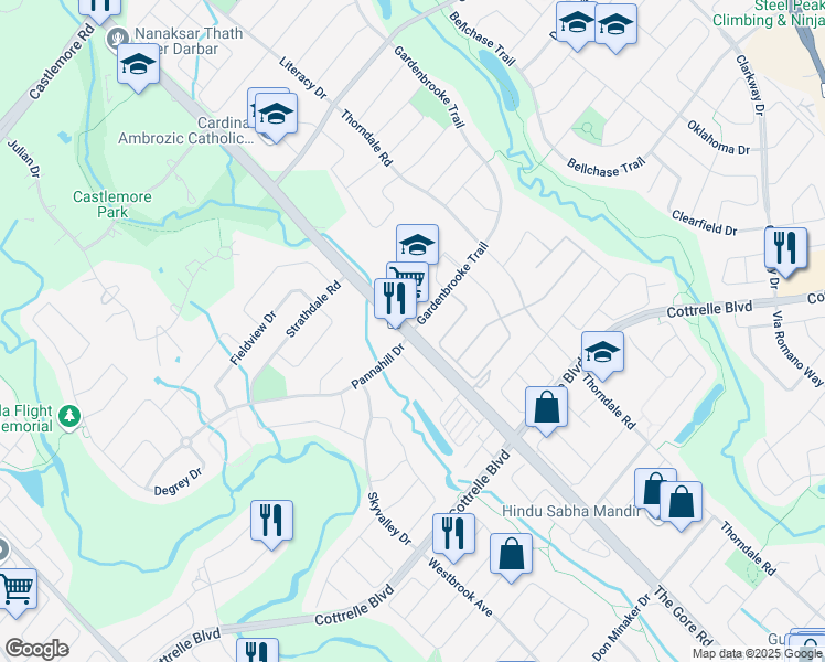 map of restaurants, bars, coffee shops, grocery stores, and more near The Gore Rd & Gardenbrooke Trail in Brampton