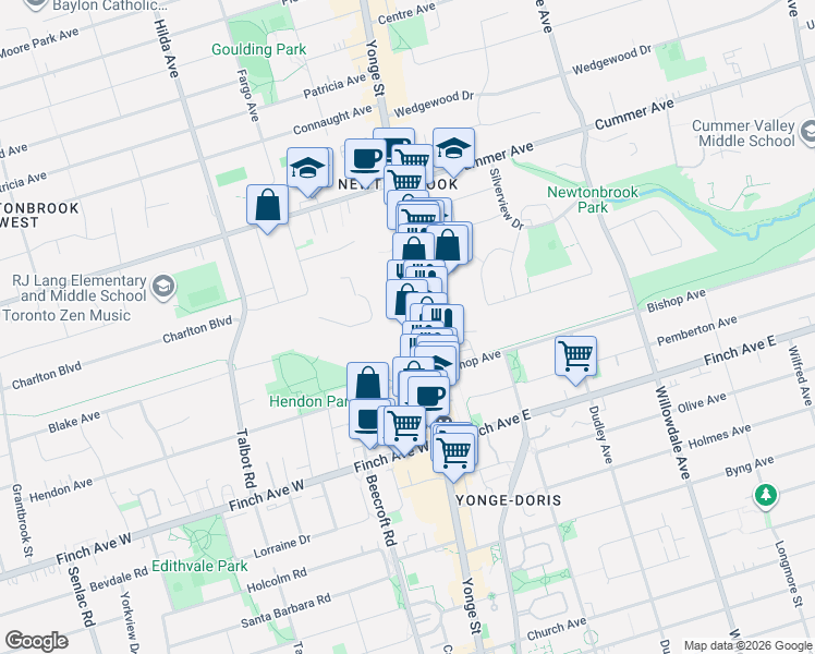 map of restaurants, bars, coffee shops, grocery stores, and more near 5740 Yonge Street in Toronto