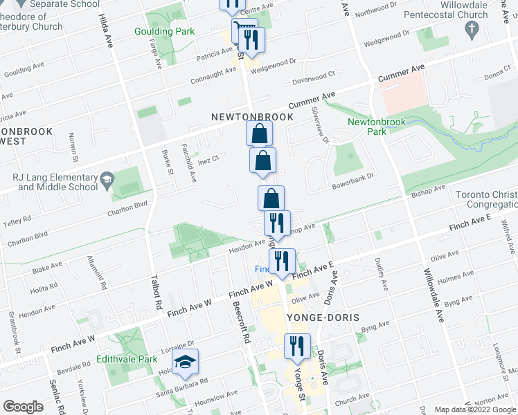 map of restaurants, bars, coffee shops, grocery stores, and more near in Toronto