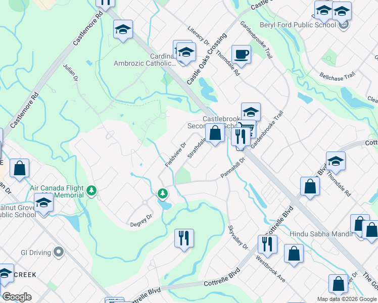 map of restaurants, bars, coffee shops, grocery stores, and more near 26 Strathdale Road in Brampton