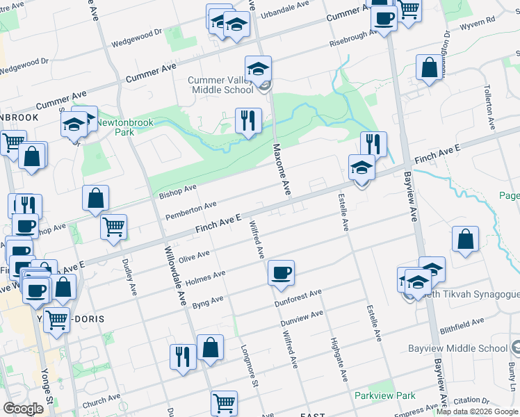 map of restaurants, bars, coffee shops, grocery stores, and more near 202b Finch Avenue East in Toronto