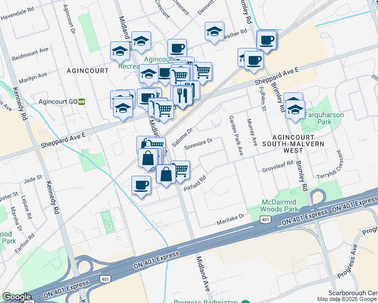 map of restaurants, bars, coffee shops, grocery stores, and more near 41 Sonmore Drive in Toronto
