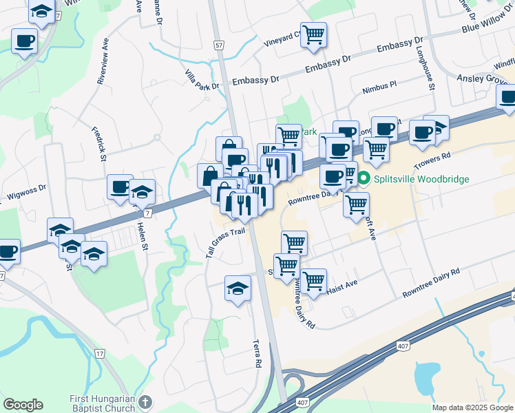 map of restaurants, bars, coffee shops, grocery stores, and more near 7611 Pine Valley Drive in Vaughan