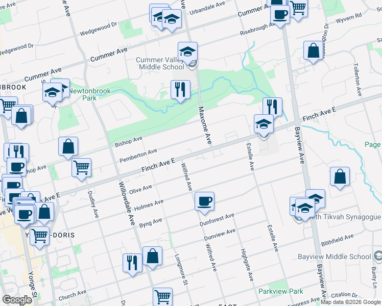 map of restaurants, bars, coffee shops, grocery stores, and more near 202b Finch Avenue East in Toronto