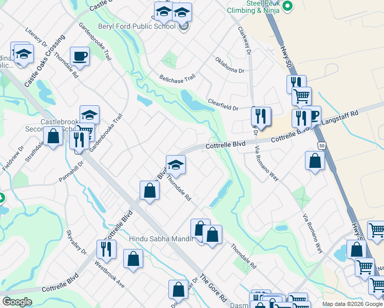 map of restaurants, bars, coffee shops, grocery stores, and more near 33 Mauve Drive in Brampton