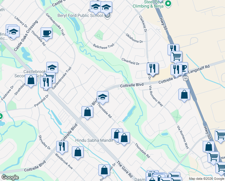 map of restaurants, bars, coffee shops, grocery stores, and more near 33 Mauve Drive in Brampton