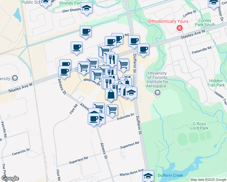 map of restaurants, bars, coffee shops, grocery stores, and more near 401 Magnetic Drive in Toronto