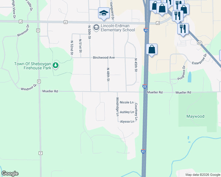 map of restaurants, bars, coffee shops, grocery stores, and more near 3623 North 48th Street in Sheboygan