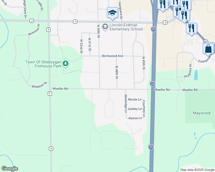 map of restaurants, bars, coffee shops, grocery stores, and more near 4824 Mueller Road in Sheboygan