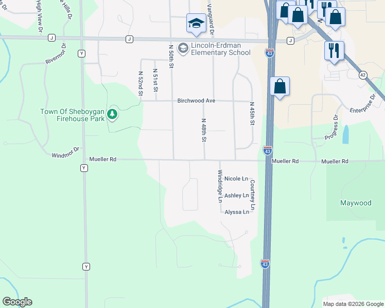 map of restaurants, bars, coffee shops, grocery stores, and more near 4824 Mueller Road in Sheboygan