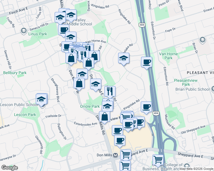 map of restaurants, bars, coffee shops, grocery stores, and more near 55 Godstone Road in Toronto