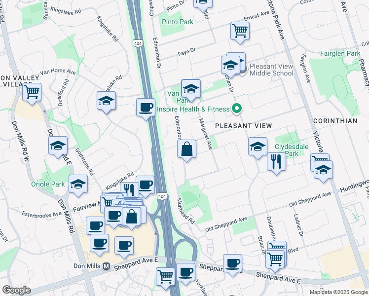 map of restaurants, bars, coffee shops, grocery stores, and more near 27 Pleasant View Drive in Toronto
