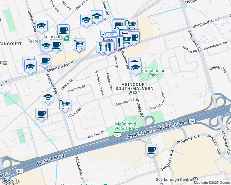 map of restaurants, bars, coffee shops, grocery stores, and more near in Toronto