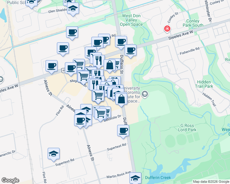 map of restaurants, bars, coffee shops, grocery stores, and more near 5050 Dufferin Street in Toronto