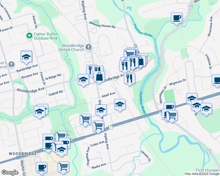 map of restaurants, bars, coffee shops, grocery stores, and more near 64 Abell Avenue in Vaughan