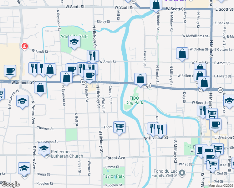map of restaurants, bars, coffee shops, grocery stores, and more near 179 North Lincoln Avenue in Fond du Lac