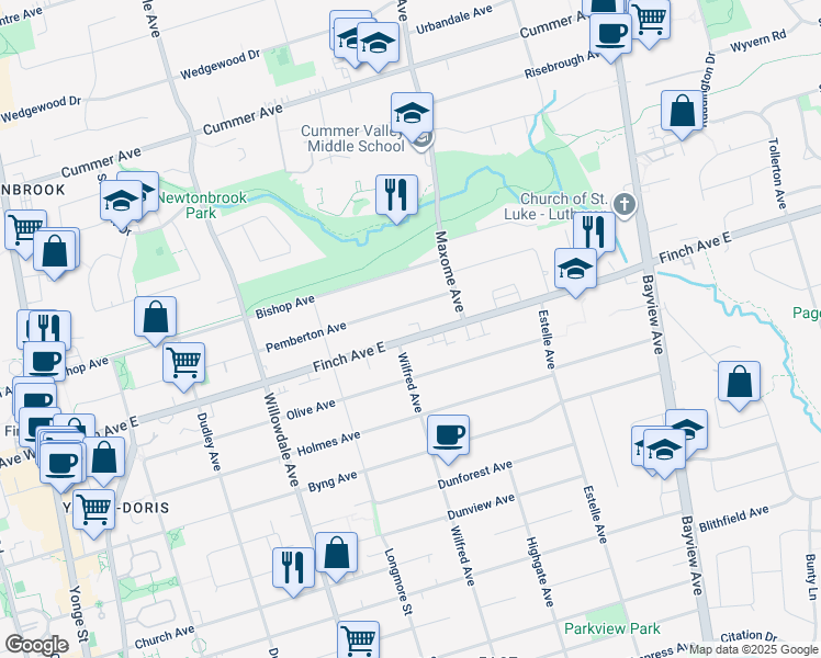 map of restaurants, bars, coffee shops, grocery stores, and more near 198a Finch Avenue East in Toronto