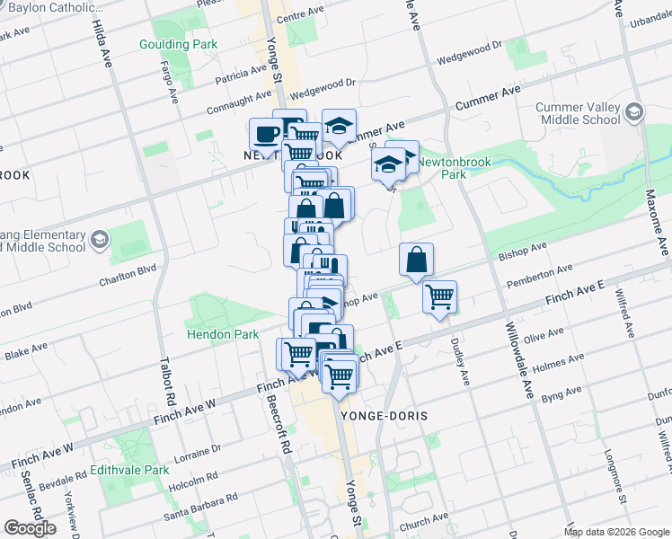 map of restaurants, bars, coffee shops, grocery stores, and more near 5765 Yonge Street in Toronto