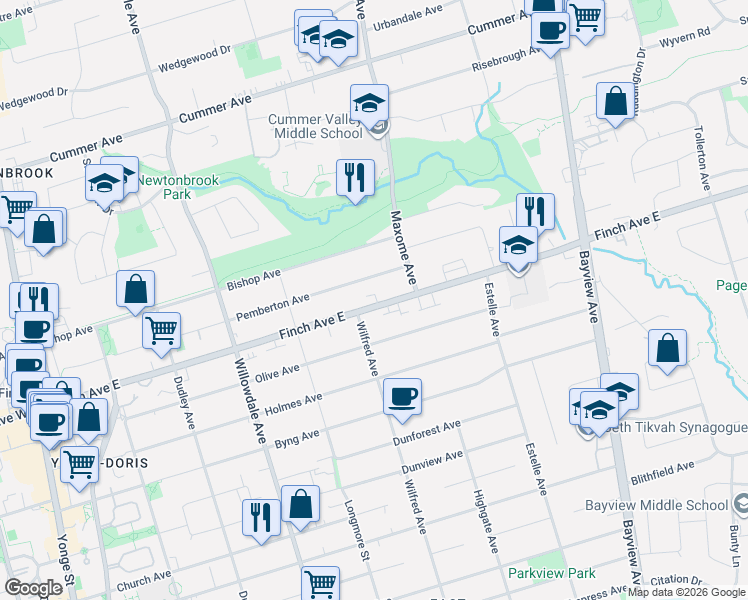 map of restaurants, bars, coffee shops, grocery stores, and more near 202b Finch Avenue East in Toronto
