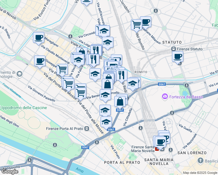 map of restaurants, bars, coffee shops, grocery stores, and more near 15 Via Bartolomeo Cristofori in Firenze