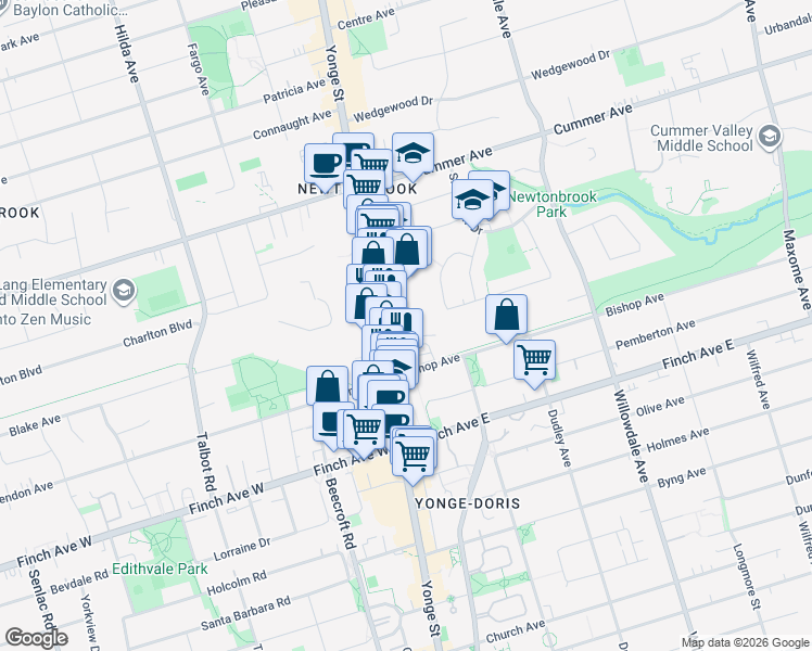 map of restaurants, bars, coffee shops, grocery stores, and more near 5765 Yonge Street in Toronto