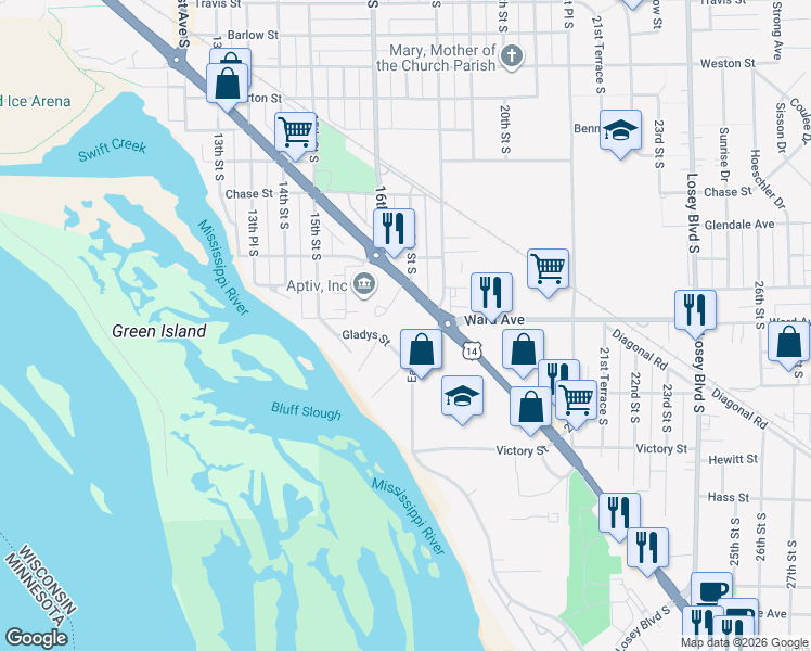 map of restaurants, bars, coffee shops, grocery stores, and more near 3128 South Avenue in La Crosse