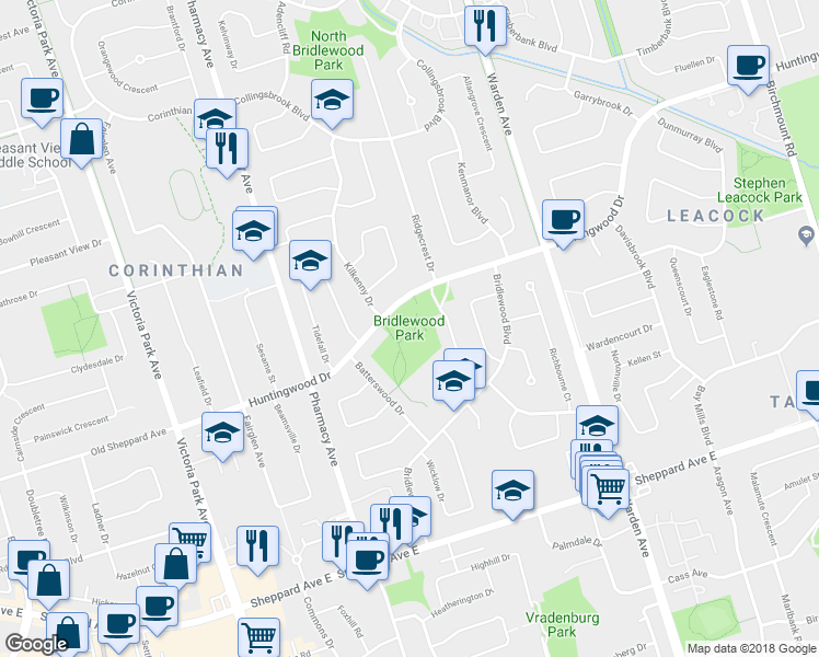 map of restaurants, bars, coffee shops, grocery stores, and more near 445 Huntingwood Drive in Toronto