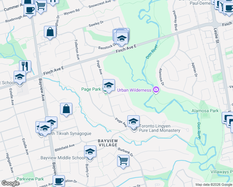 map of restaurants, bars, coffee shops, grocery stores, and more near 43 Viamede Crescent in Toronto