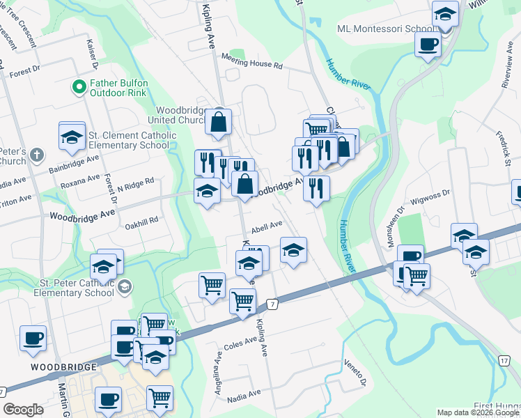 map of restaurants, bars, coffee shops, grocery stores, and more near in Vaughan