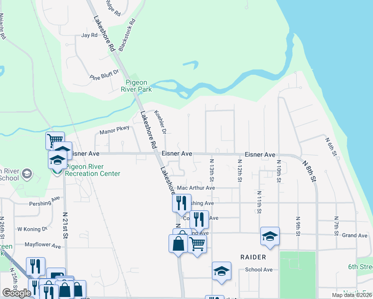 map of restaurants, bars, coffee shops, grocery stores, and more near 3616 North 14th Street in Sheboygan