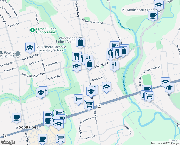 map of restaurants, bars, coffee shops, grocery stores, and more near 281 Woodbridge Avenue in Vaughan