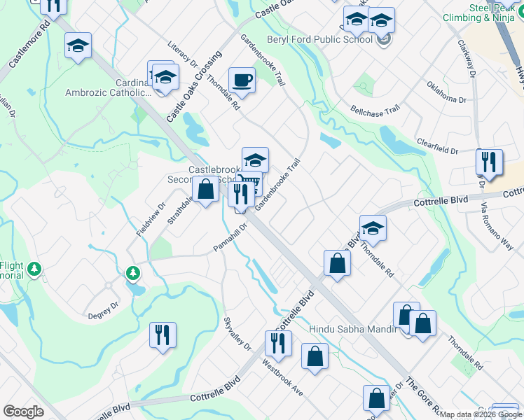 map of restaurants, bars, coffee shops, grocery stores, and more near 3 Gardenbrooke Trail in Brampton