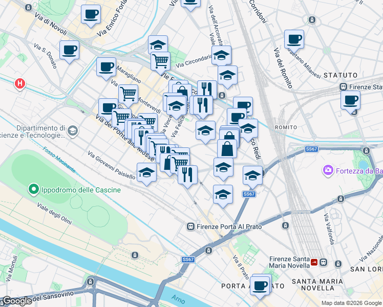 map of restaurants, bars, coffee shops, grocery stores, and more near 27 Via Giuseppe Galliano in Firenze
