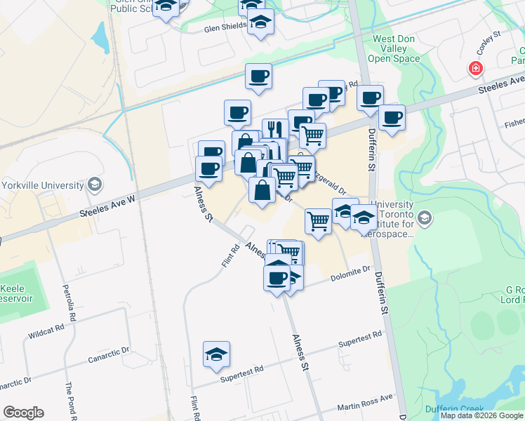 map of restaurants, bars, coffee shops, grocery stores, and more near 874 Magnetic Drive in Toronto